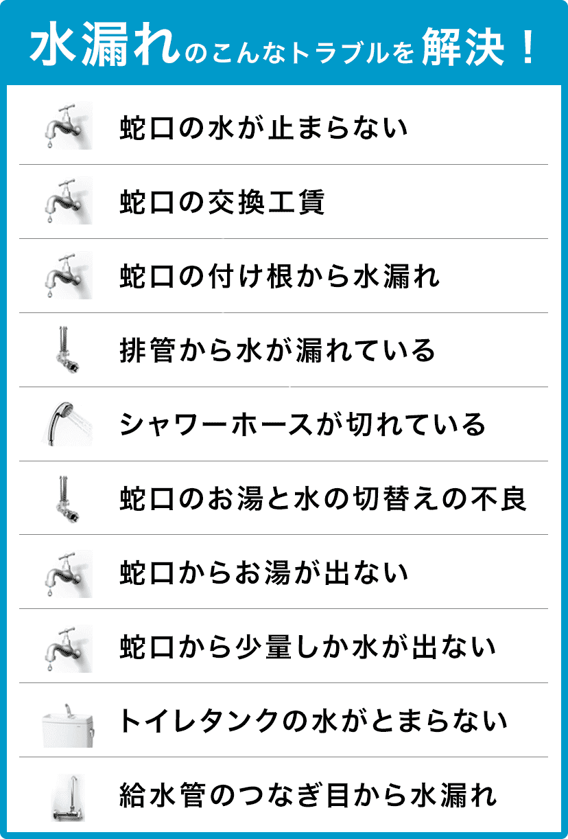 蛇口の交換・蛇口の水が止まらない・配管から水が漏れている・蛇口の付け根から水漏れ・蛇口のお湯と水の切り替えの不良・シャワーホースが切れている・蛇口からお湯が出ない・トイレタンクの水が止まらない・蛇口から少量しか水が出ない・給水管のつなぎ目から水漏れ 千葉市